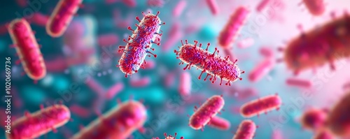 Multi-drug resistant bacteria forming colonies, antibiotic failure scene, 3D illustration