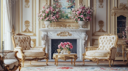 A sophisticated princess living room with luxurious armchairs, floral decor, and a marble fireplace. photo