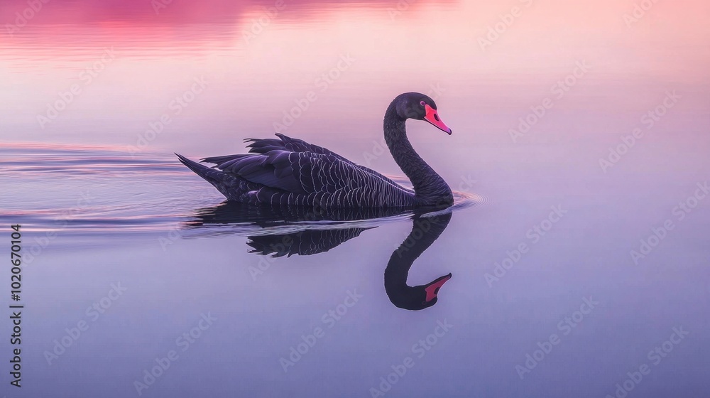 Fototapeta premium A stunning black swan swimming on a lake, its reflection shimmering in the clear water.