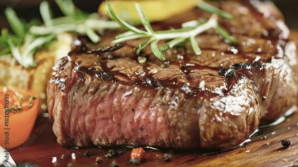 Succulent Grilled Steak Garnished with Fresh Rosemary and Seasoning on a Rustic Wooden Board Succulent Grilled Steak Garnished with Fresh Rosemary and Seasoning on a Rustic Wooden Board