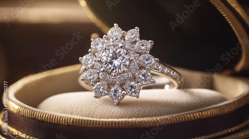 A stunning diamond cluster ring displayed in a luxurious jewelry box, showcasing its sparkle.