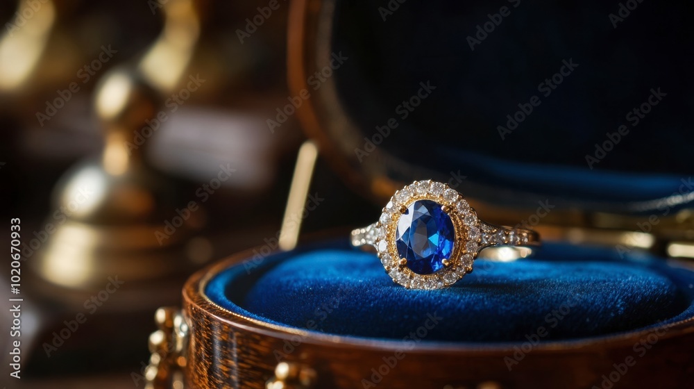 A stunning sapphire ring resting on an open jewelry box, showcasing its brilliance. A stunning sapphire ring resting on an open jewelry box, showcasing its brilliance.