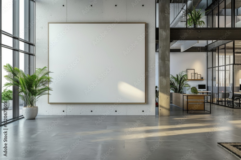 Modern Office with Large White Wall, Empty Vertical Canvas Mockup, and Natural Lighting Modern Office with Large White Wall, Empty Vertical Canvas Mockup, and Natural Lighting