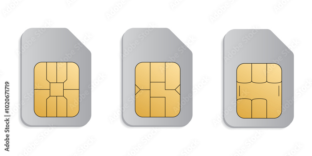 Set of sim cards. ID card mockup template. Realistic vector illustration for design. Mobile cellular phone. Sign, symbol, icon or logo isolated on background. EMV gold chip. Concept of technology. Set of sim cards. ID card mockup template. Realistic vector illustration for design. Mobile cellular phone. Sign, symbol, icon or logo isolated on background. EMV gold chip. Concept of technology.