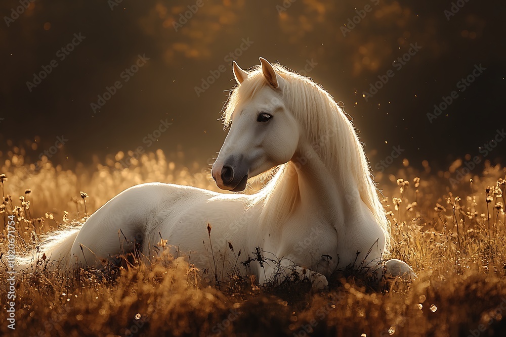 A majestic white horse rests peacefully in a field bathed in the warm glow of sunset. A majestic white horse rests peacefully in a field bathed in the warm glow of sunset.