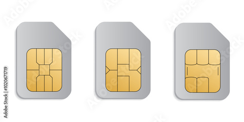 Set of sim cards. ID card mockup template. Realistic vector illustration for design. Mobile cellular phone. Sign, symbol, icon or logo isolated on background. EMV gold chip. Concept of technology.