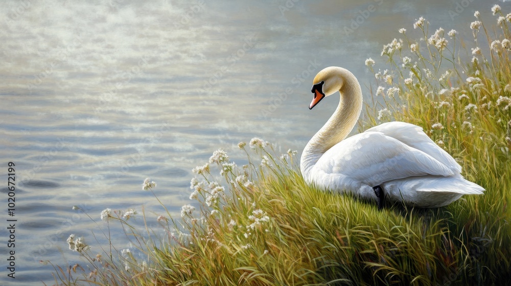 A swan perched elegantly on a grassy riverbank, looking out at the peaceful water. A swan perched elegantly on a grassy riverbank, looking out at the peaceful water.