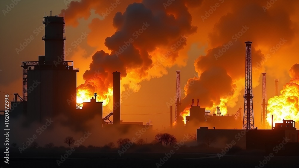 A dramatic scene of an industrial factory releasing smoke against a fiery sunset. Capturing themes of pollution, environmental impact, and industrialization. A dramatic scene of an industrial factory releasing smoke against a fiery sunset. Capturing themes of pollution, environmental impact, and industrialization.