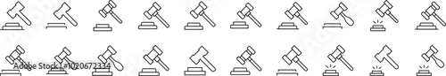 Judicial Gavel Outline Sign Collection. Editable Stroke. Perfect for Infographics, Articles, Books, Flyers, Banners