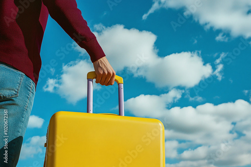 Man holding suitcase in hands, bottom view