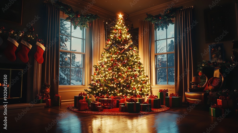Presents under a Christmas tree with a fireplace in the background.