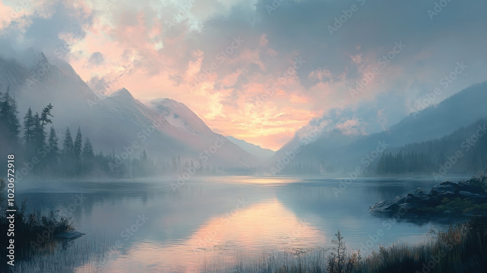 A peaceful landscape featuring a tranquil lake surrounded by majestic mountains at sunrise,
