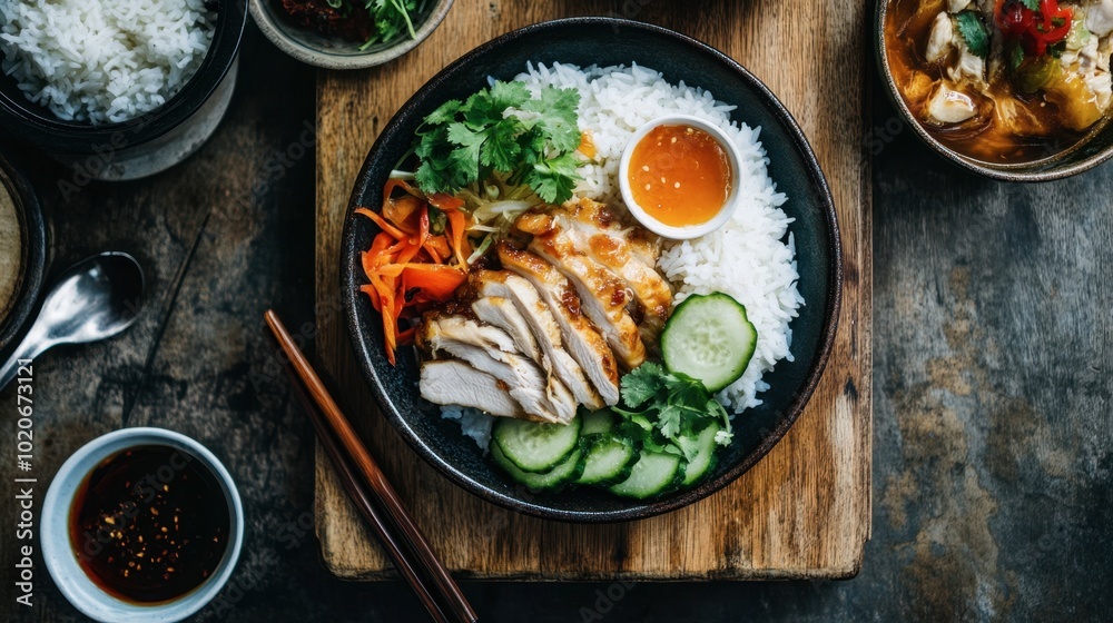 A traditional Asian meal of steamed rice with tender chicken, garnished with fresh vegetables and served with a tangy dipping sauce. A traditional Asian meal of steamed rice with tender chicken, garnished with fresh vegetables and served with a tangy dipping sauce.