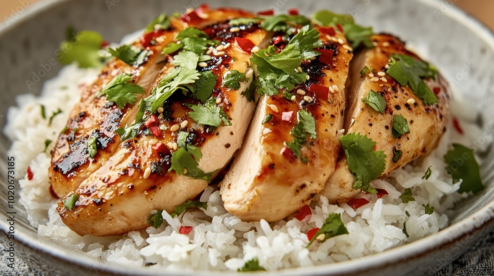 A traditional dish of steamed rice and juicy chicken breast, garnished with fresh herbs and served with a spicy sauce. A traditional dish of steamed rice and juicy chicken breast, garnished with fresh herbs and served with a spicy sauce.