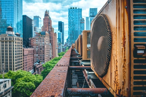 Rusty Air Conditioners on Rooftop with Cityscape Background photo