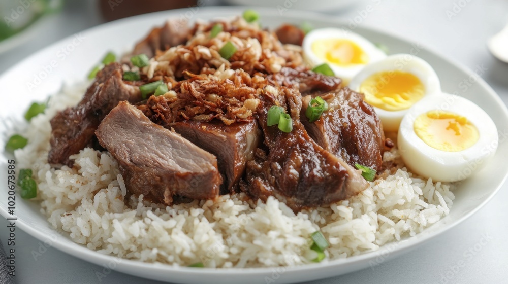 A traditional pork leg rice meal served with fragrant jasmine rice, tender pork, and soft-boiled eggs on a white plate. A traditional pork leg rice meal served with fragrant jasmine rice, tender pork, and soft-boiled eggs on a white plate.