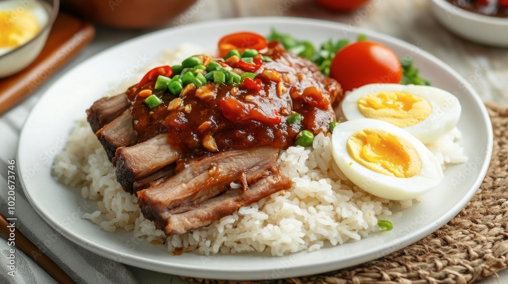 A traditional pork leg rice meal served with fragrant jasmine rice, tender pork, and soft-boiled eggs on a white plate. A traditional pork leg rice meal served with fragrant jasmine rice, tender pork, and soft-boiled eggs on a white plate.