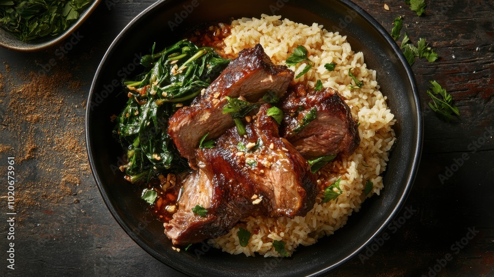 A traditional Thai pork leg rice dish, featuring tender braised pork, pickled mustard greens, and fragrant jasmine rice. A traditional Thai pork leg rice dish, featuring tender braised pork, pickled mustard greens, and fragrant jasmine rice.