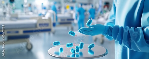 Resistant bacteria surviving medical treatment, hospital setting, 3D illustration