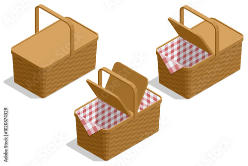 Isometric open or closed wicker picnic basket for carrying tableware, food, and drinks on a white background. It represents the idea of relaxation, a romantic meal, and a family weekend outing.