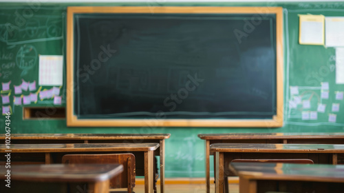 A classroom prepared for lessons with a blank chalkboard awaiting educational messages in a vibrant learning environment