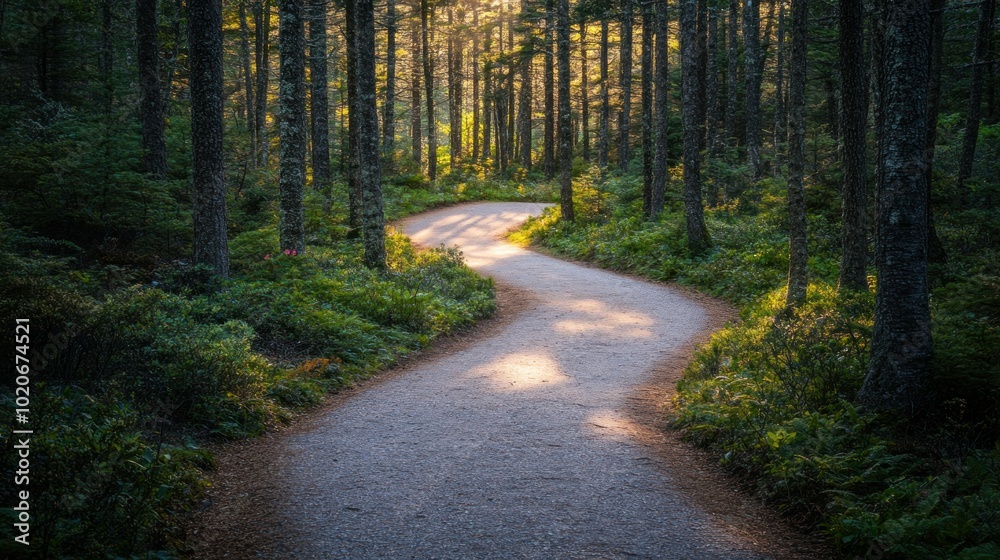 Obraz premium A winding path through a dense, sunlit forest