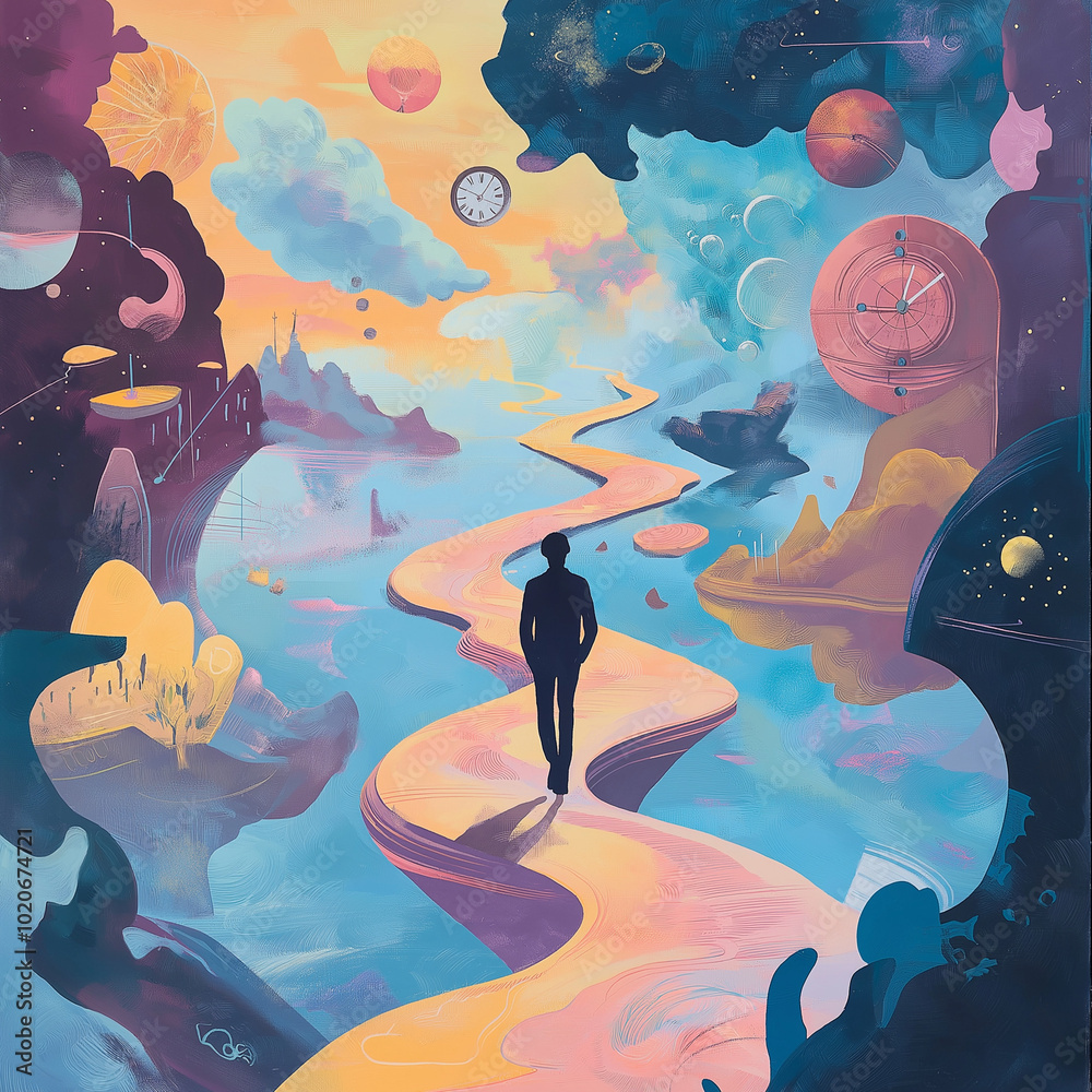 A person walks along a winding path surrounded by floating islands and abstract shapes, symbolizing the twists of mental health. Dreamlike colors and elements, like clocks and clouds A person walks along a winding path surrounded by floating islands and abstract shapes, symbolizing the twists of mental health. Dreamlike colors and elements, like clocks and clouds