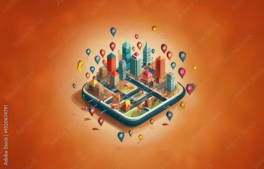 Obraz premium Isometric view of a miniature city surrounded by pin markers.