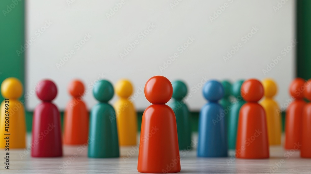 A collection of colorful game pieces stands in focus, representing diversity and teamwork against a blank backdrop. A collection of colorful game pieces stands in focus, representing diversity and teamwork against a blank backdrop.