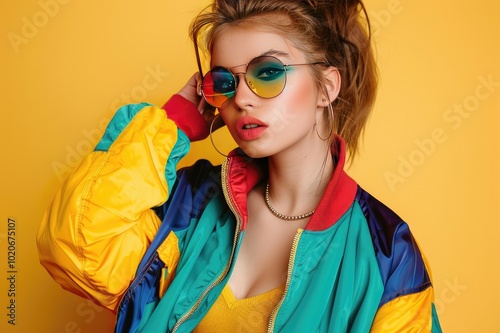 Cool teenager. Fashionable DJ girl in colorful trendy jacket and vintage retro sunglasses enjoys style of 80s, 90s vibes. Teenager Girl at disco party. Young fashion model