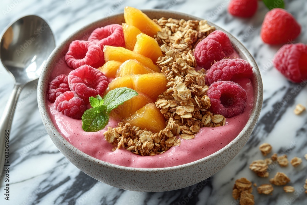 healthy breakfast options, gluten-free smoothie bowl topped with granola and fruit, artfully presented on a marble surface for a visually stunning treat healthy breakfast options, gluten-free smoothie bowl topped with granola and fruit, artfully presented on a marble surface for a visually stunning treat