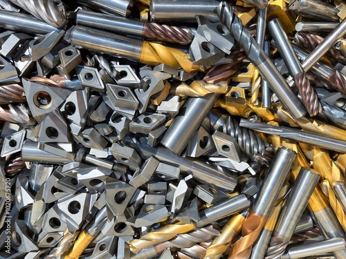 Tungsten cutting tips and drills ready to be recycled