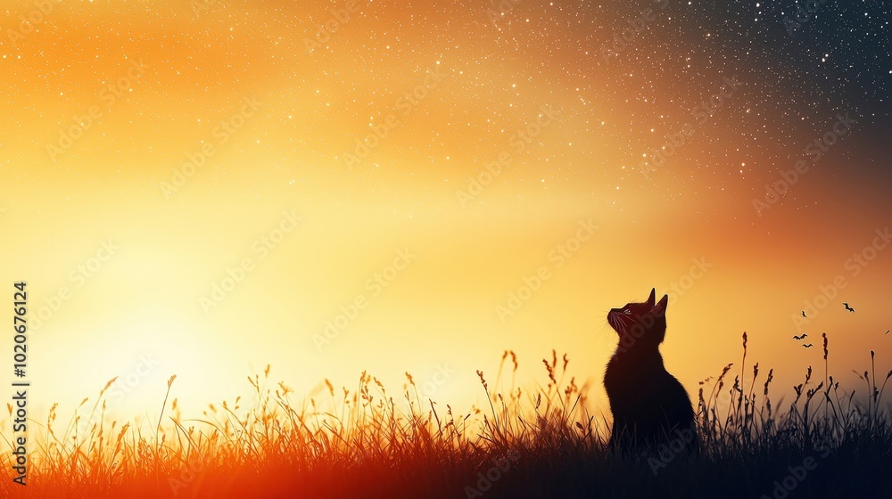 Fototapeta A cat is sitting in a field of tall grass at sunset