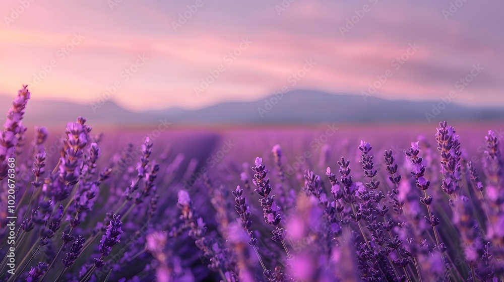 Fototapeta premium A serene lavender field at sunset, showcasing vibrant purple blooms against a picturesque mountainous backdrop.