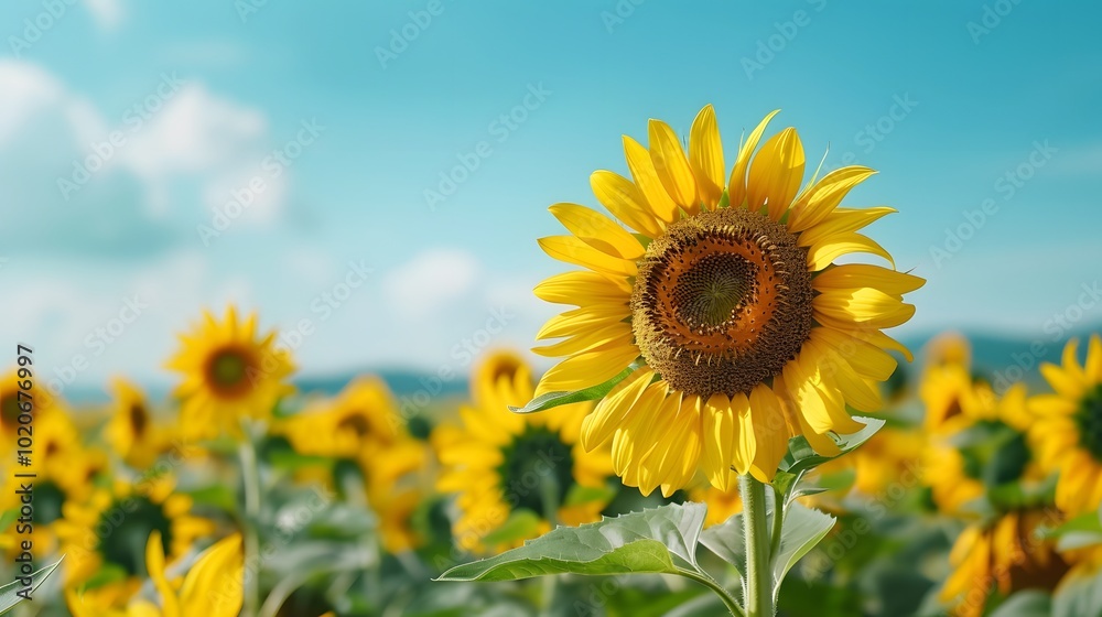 A vibrant sunflower stands tall against a clear blue sky, surrounded by a field of blooming sunflowers, embodying summer and natural beauty. A vibrant sunflower stands tall against a clear blue sky, surrounded by a field of blooming sunflowers, embodying summer and natural beauty.