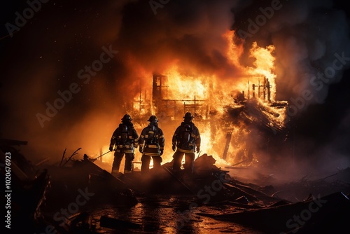 Squad of Volunteer Firefighters with Safety Equipment and Uniform Encircle a Raging Forest Fire Before the Blaze Gets Completely Out of Hand. Firemen Respond to Emergency and Prevent a Disaster.