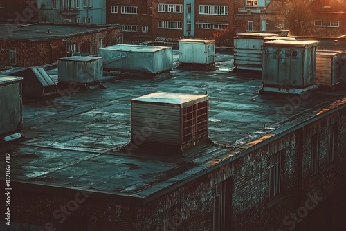 Rooftop with Multiple Metal Boxes and Brick Wall photo