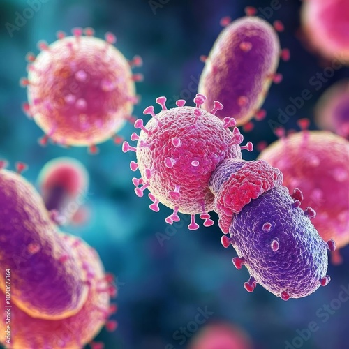 Superbug infiltrating host cells, resistance visualization, 3D illustration