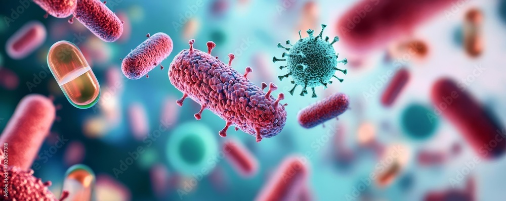 Superbug interacting with host tissues, drug resistance, 3D illustration Superbug interacting with host tissues, drug resistance, 3D illustration