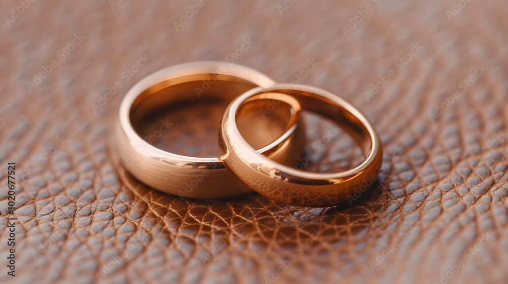 Two elegantly designed rose gold wedding rings resting on a textured brown background, symbolizing love and commitment. Two elegantly designed rose gold wedding rings resting on a textured brown background, symbolizing love and commitment.