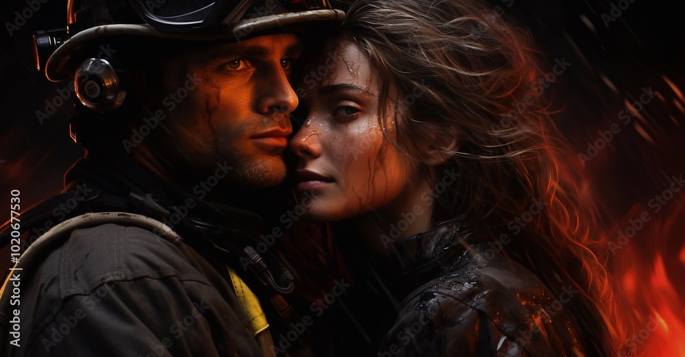 Portrait of a female firefighter while holding an axe and wearing an oxygen mask indoors surrounded by smoke. Portrait of a female firefighter while holding an axe and wearing an oxygen mask indoors surrounded by smoke.