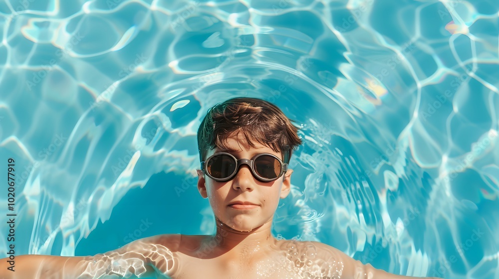 Naklejka premium A boy in sunglasses floats serenely in a clear blue pool, surrounded by rippling water, enjoying a sunny day.