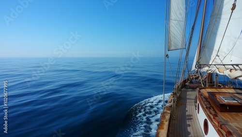 A view from the deck of an old wooden sailboat sailing on calm blue waters, with clear skies above and a distant horizon.