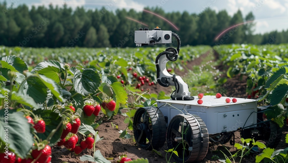 A small robot working in a strawberry field, equipped with an eye and arm for picking berries. A small robot working in a strawberry field, equipped with an eye and arm for picking berries.