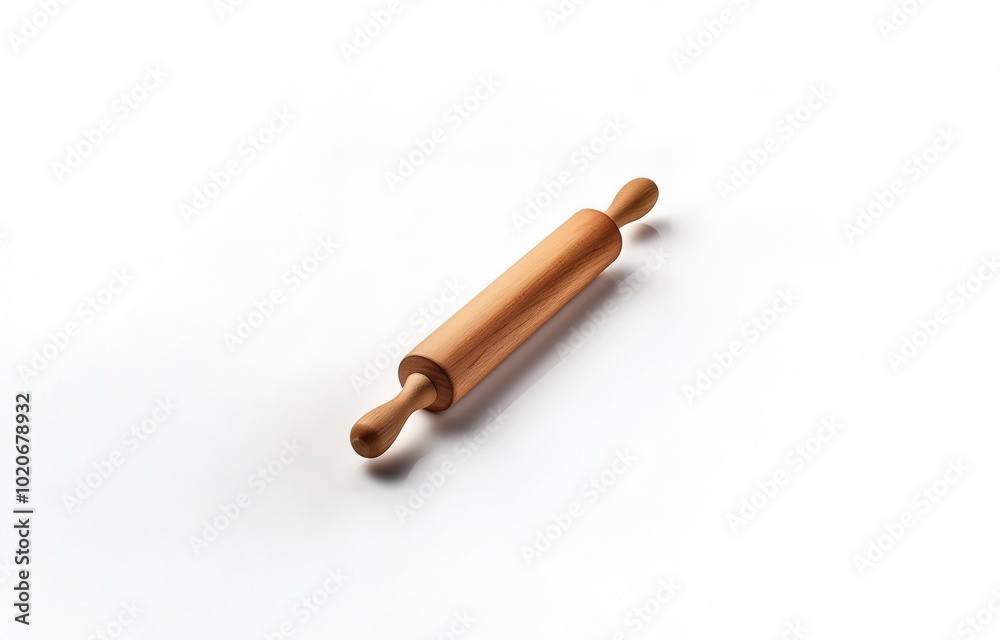 A wooden rolling pin is isolated on a white background.