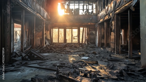 inside an abandoned building after a fire, the background is destroyed with broken wood beams
