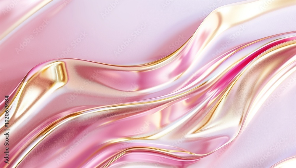 3D rendering of pink and gold abstract wavy shapes, with a smooth metallic texture, shiny and glossy 3D rendering of pink and gold abstract wavy shapes, with a smooth metallic texture, shiny and glossy