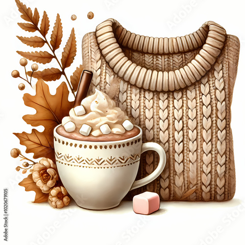 cup of coffee and cookies, sweater, autumn leaf, mashmellow, isolated on white background photo