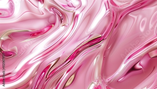 Abstract pink liquid metal background with shiny waves and swirls for fashion, cosmetic, or beauty product design.