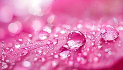 Pink background with water droplets on it, macro photography of crystal-clear dewdrops reflecting the vibrant pink hues of the surroundings